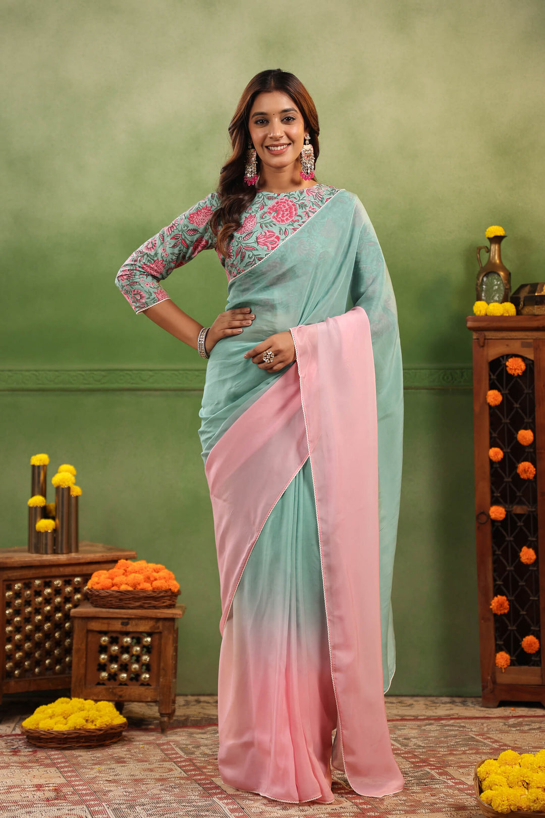 Aqua & Pink Ombre Organza Saree with Printed Blouse Fabric