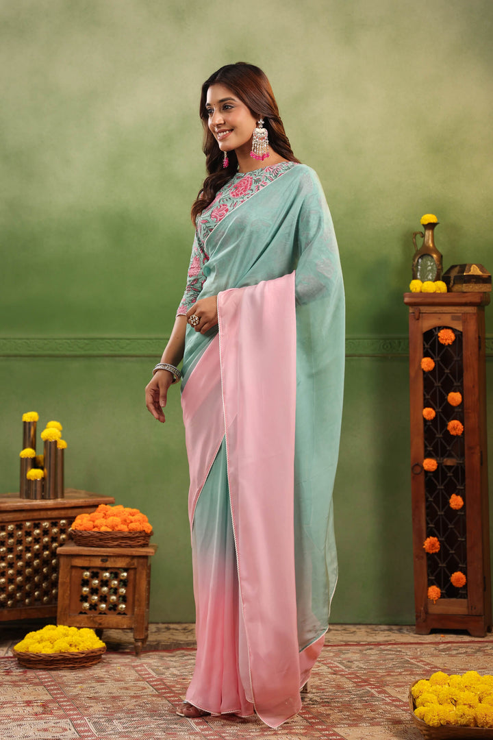 Aqua & Pink Ombre Organza Saree with Printed Blouse Fabric