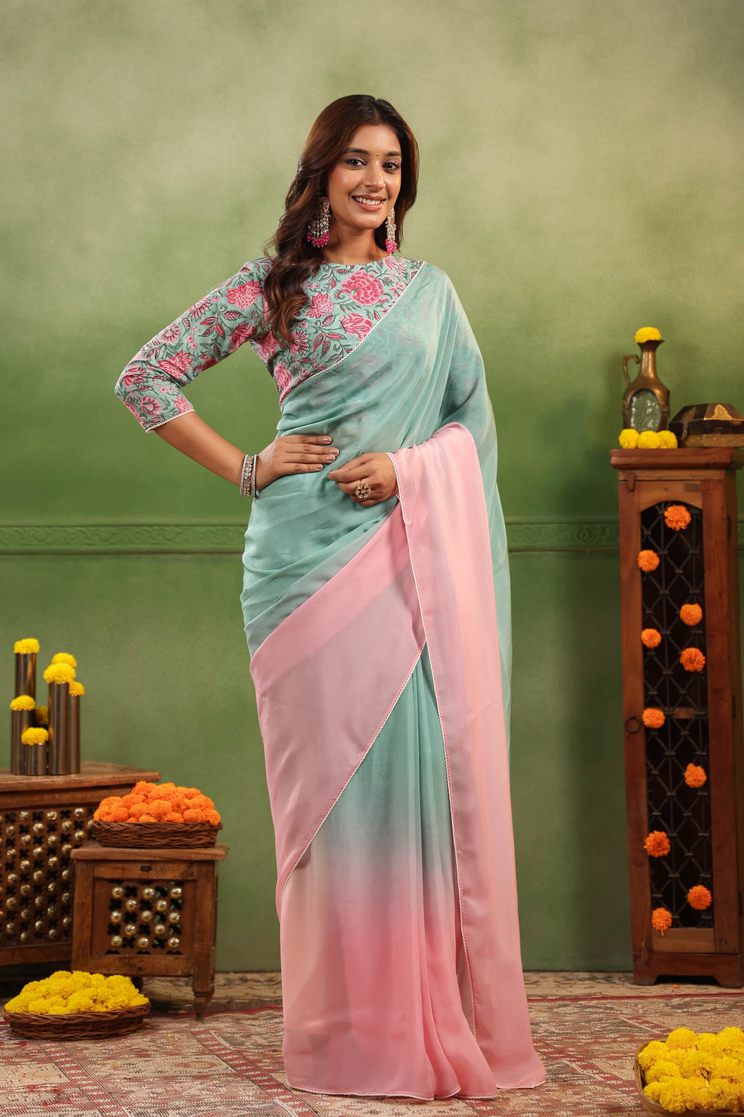 Aqua & Pink Ombre Organza Saree with Printed Blouse Fabric