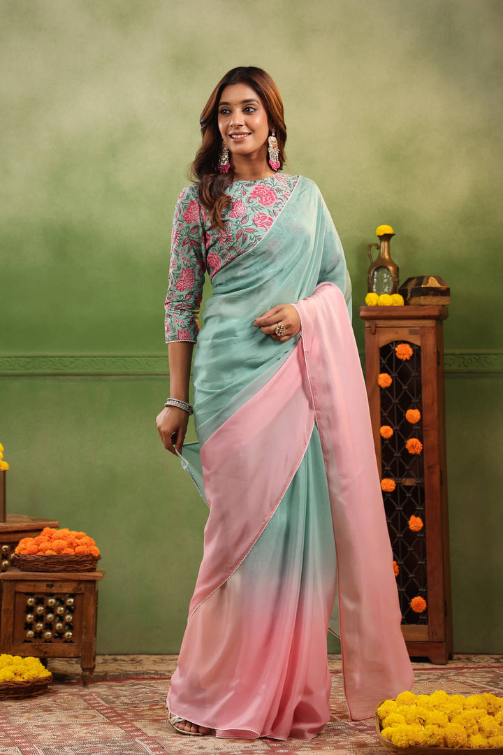 Aqua & Pink Ombre Organza Saree with Printed Blouse Fabric