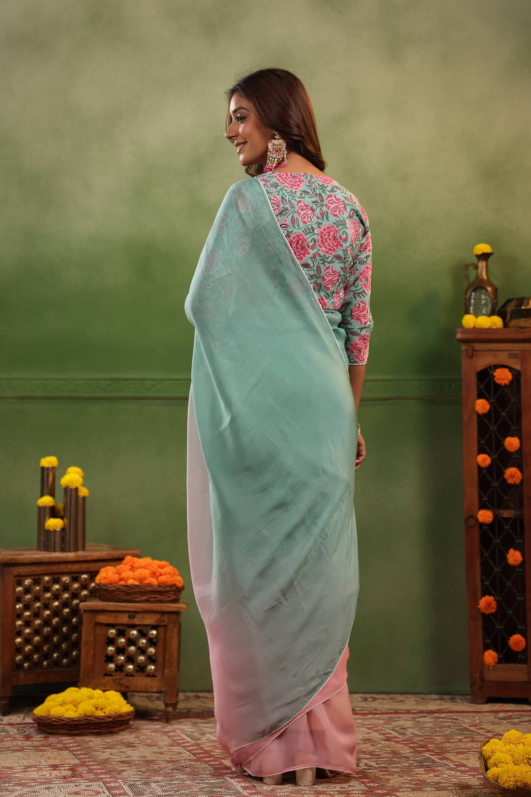 Aqua & Pink Ombre Organza Saree with Printed Blouse Fabric