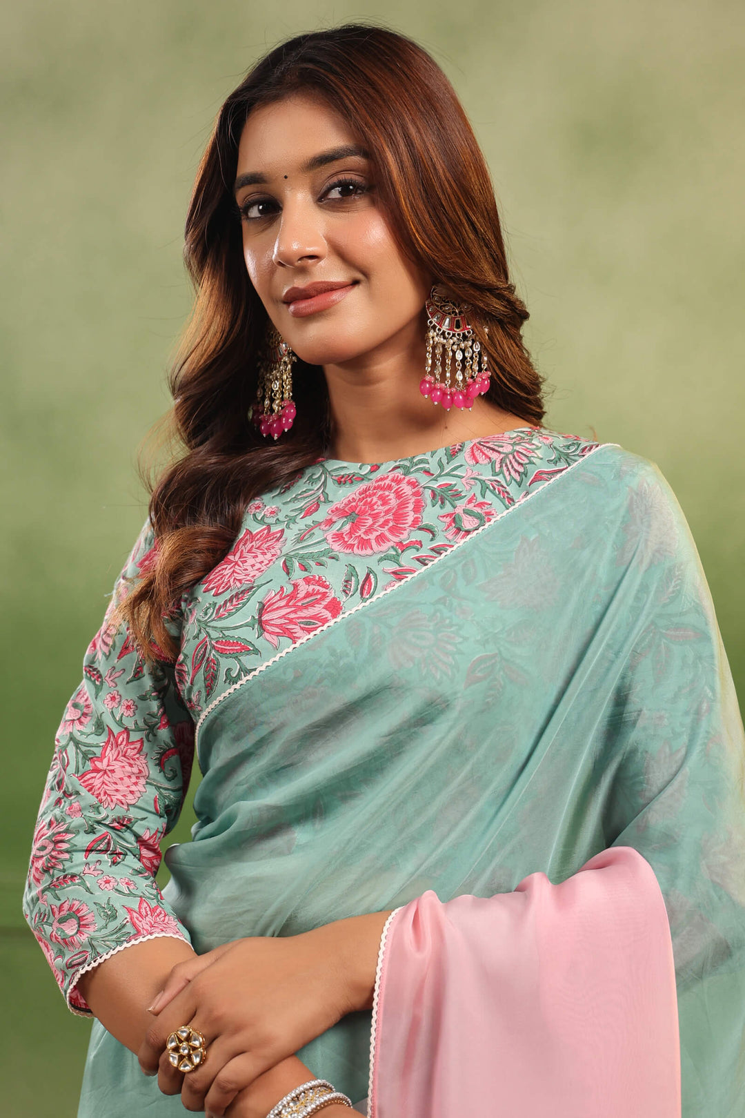 Aqua & Pink Ombre Organza Saree with Printed Blouse Fabric