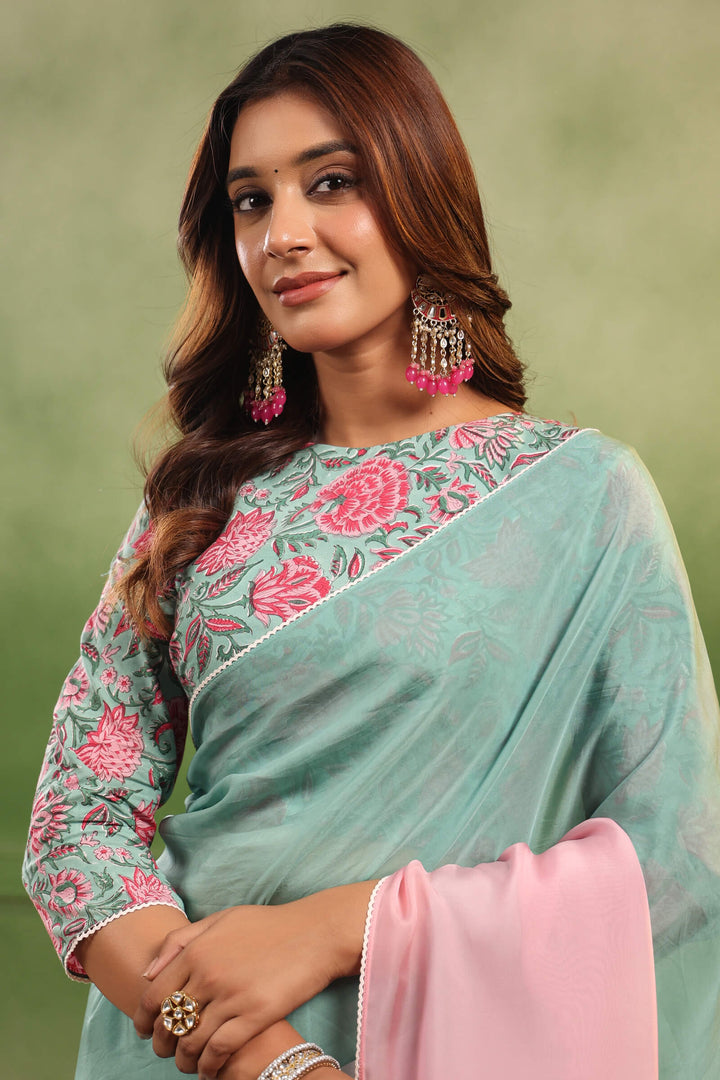 Aqua & Pink Ombre Organza Saree with Printed Blouse Fabric