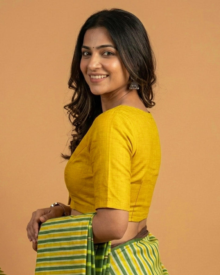 Sangini V neck Art Silk Blouse with Elbow Sleeves - Yellow