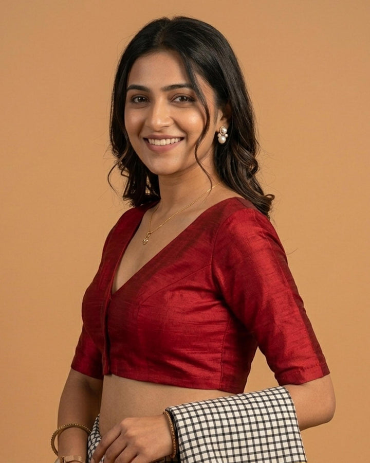 Sangini V neck Art Silk Blouse with Elbow Sleeves - Red