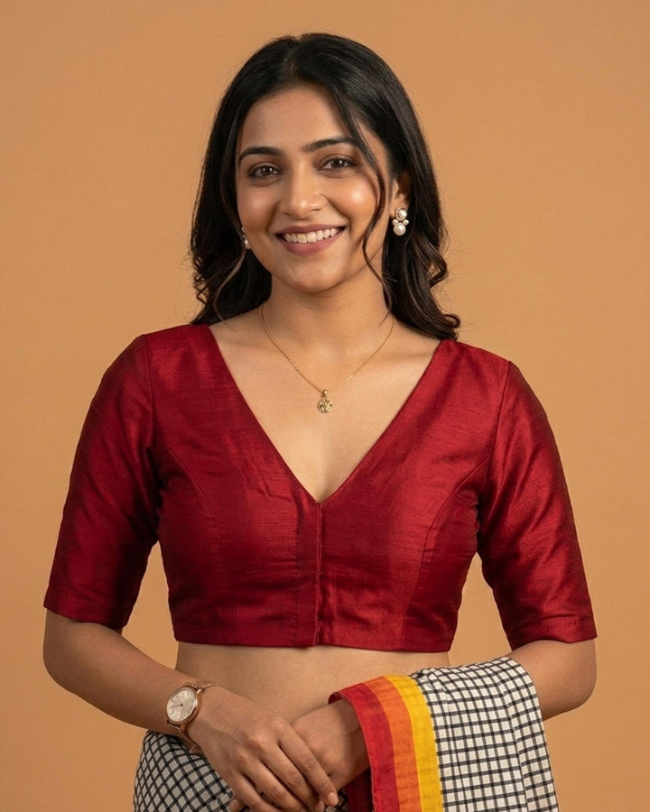 Sangini V neck Art Silk Blouse with Elbow Sleeves - Red