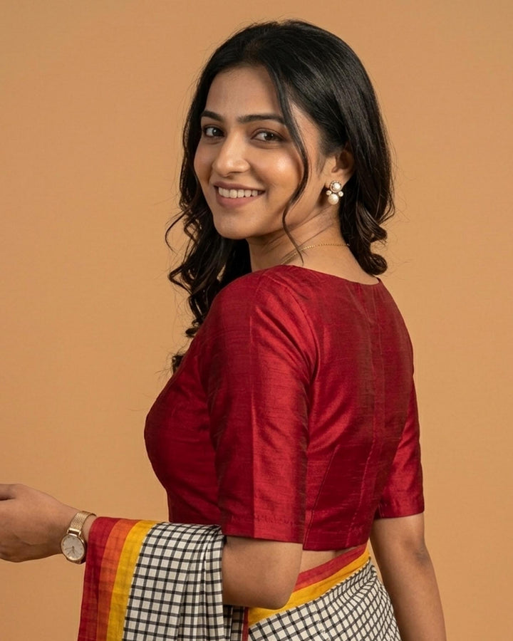 Sangini V neck Art Silk Blouse with Elbow Sleeves - Red