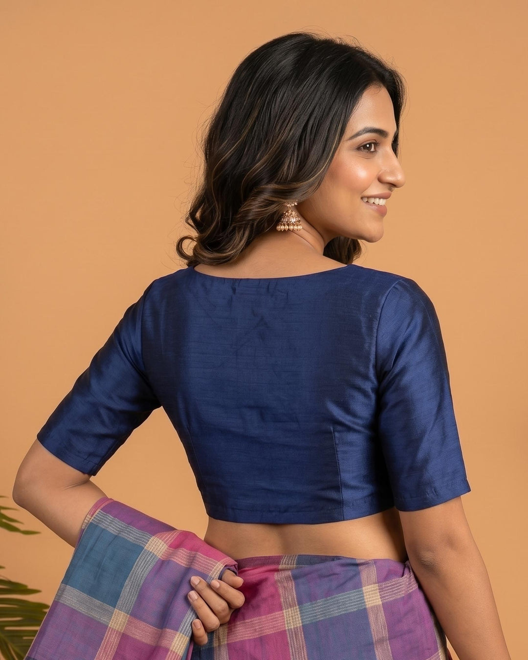 Sangini V neck Art Silk Blouse with Elbow Sleeves - Navy