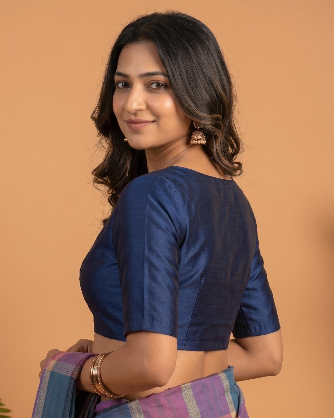 Sangini V neck Art Silk Blouse with Elbow Sleeves - Navy