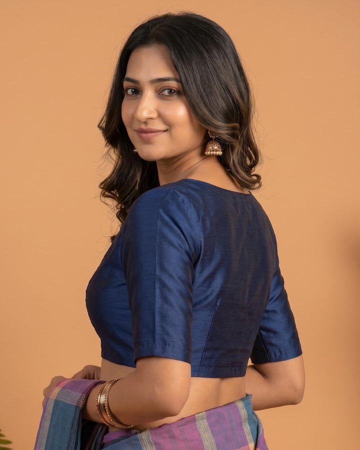Sangini V neck Art Silk Blouse with Elbow Sleeves - Navy