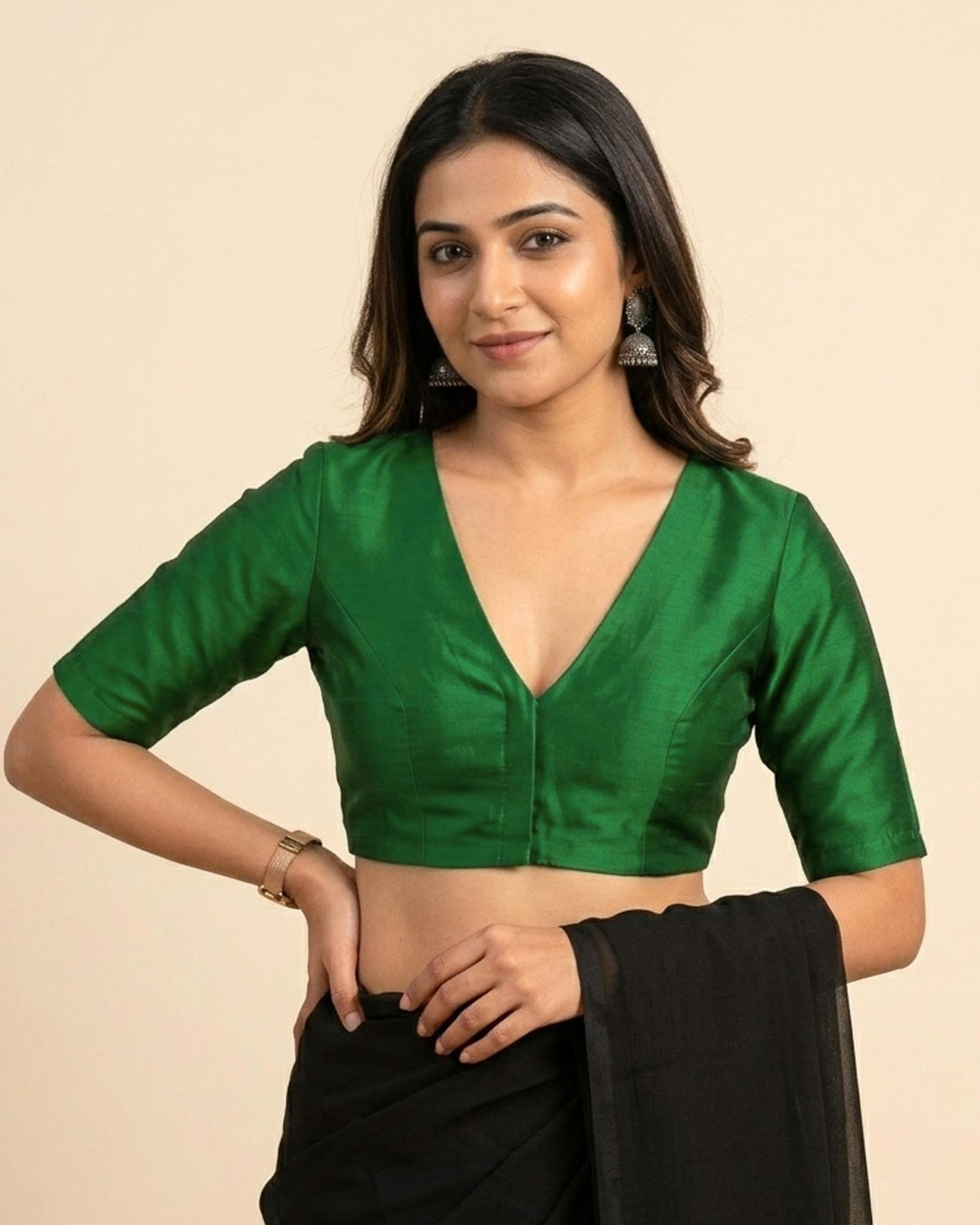 Sangini V neck Art Silk Blouse with Elbow Sleeves - Green