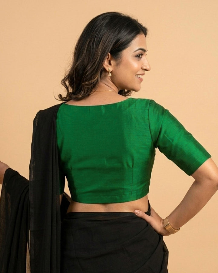 Sangini V neck Art Silk Blouse with Elbow Sleeves - Green