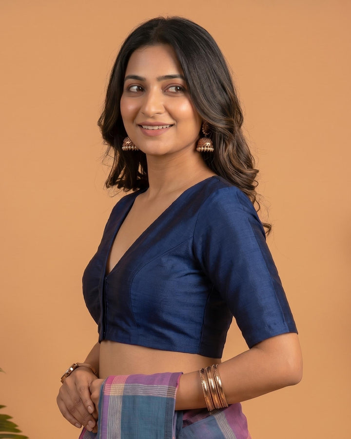 Sangini V neck Art Silk Blouse with Elbow Sleeves - Navy