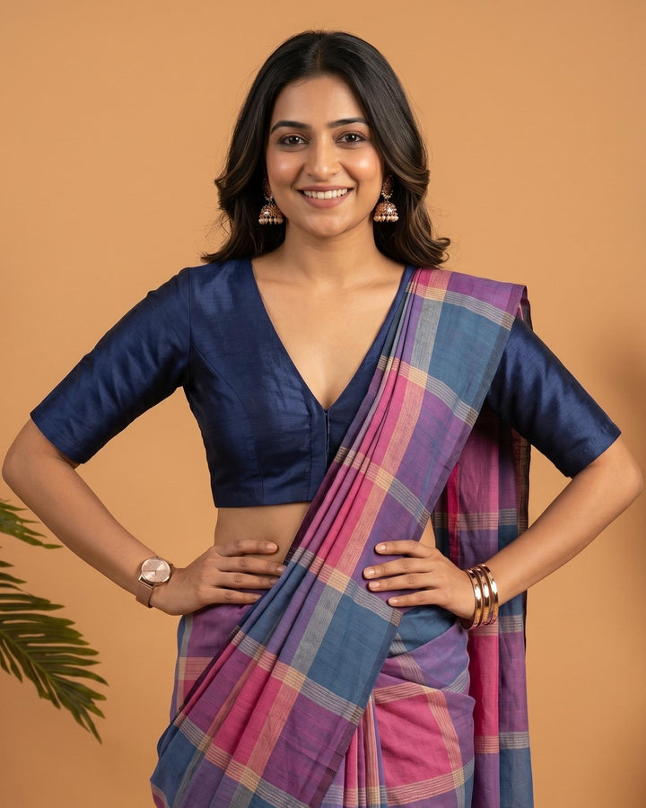 Sangini V neck Art Silk Blouse with Elbow Sleeves - Navy