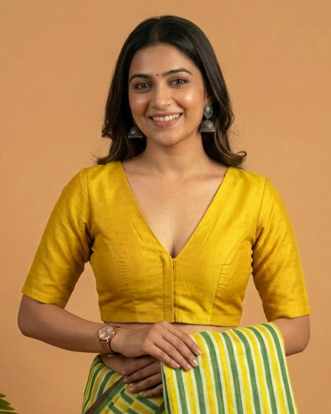 Sangini V neck Art Silk Blouse with Elbow Sleeves - Yellow