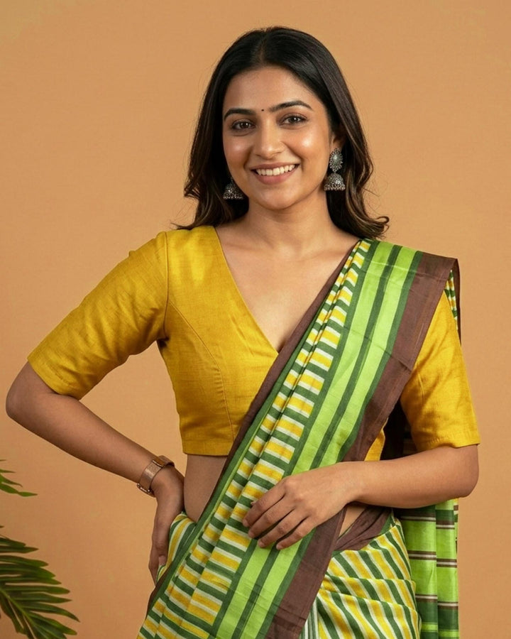 Sangini V neck Art Silk Blouse with Elbow Sleeves - Yellow
