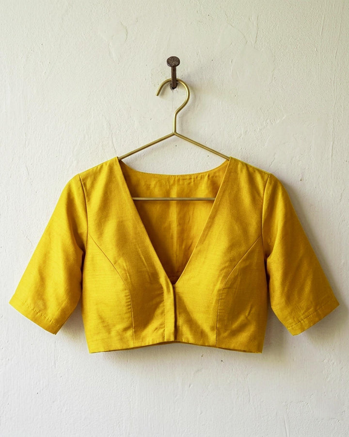 Sangini V neck Art Silk Blouse with Elbow Sleeves - Yellow