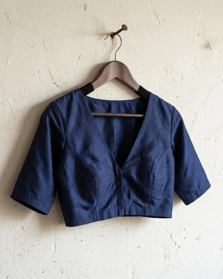 Sangini V neck Art Silk Blouse with Elbow Sleeves - Navy