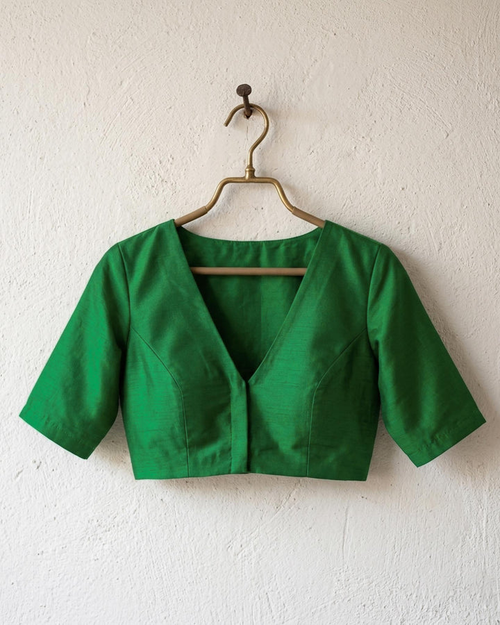 Sangini V neck Art Silk Blouse with Elbow Sleeves - Green