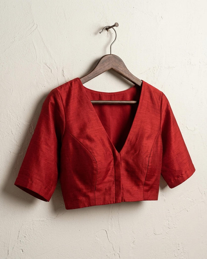 Sangini V neck Art Silk Blouse with Elbow Sleeves - Red