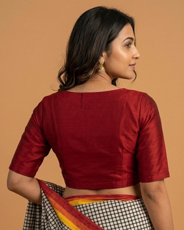 Sangini V neck Art Silk Blouse with Elbow Sleeves - Red