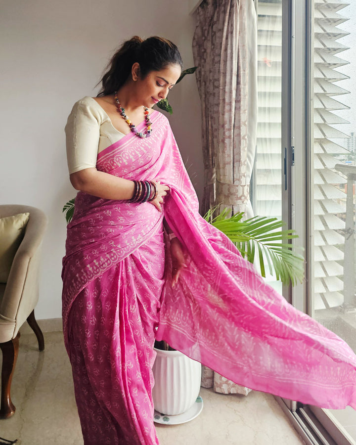 Dusty Pink Hand Block Print Mulmul Cotton Saree