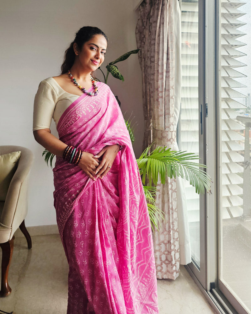 Dusty Pink Hand Block Print Mulmul Cotton Saree
