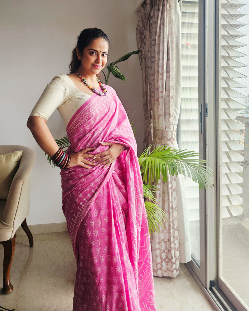 Dusty Pink Hand Block Print Mulmul Cotton Saree