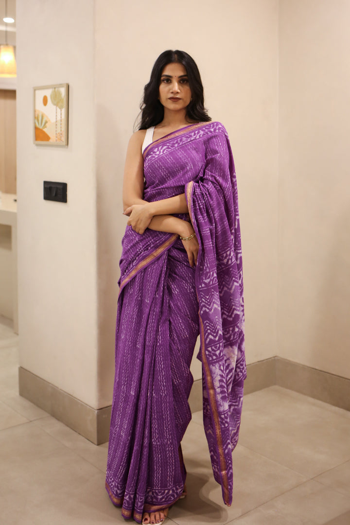 A Violet Summer Dabu Block Printed Cotton Zari Saree