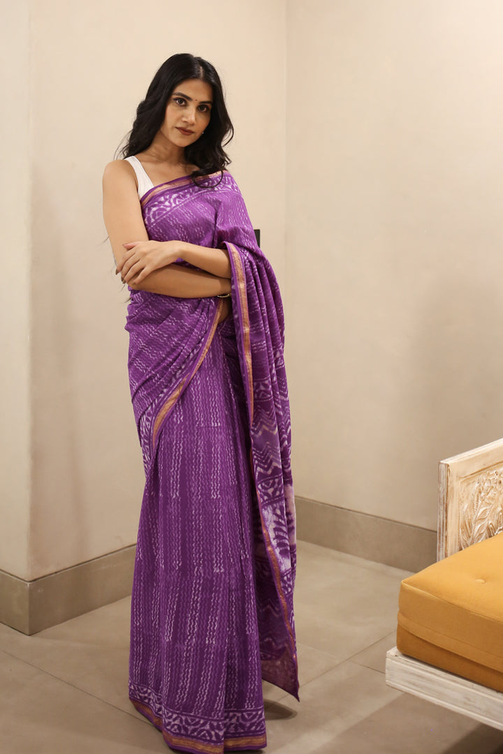 A Violet Summer Dabu Block Printed Cotton Zari Saree