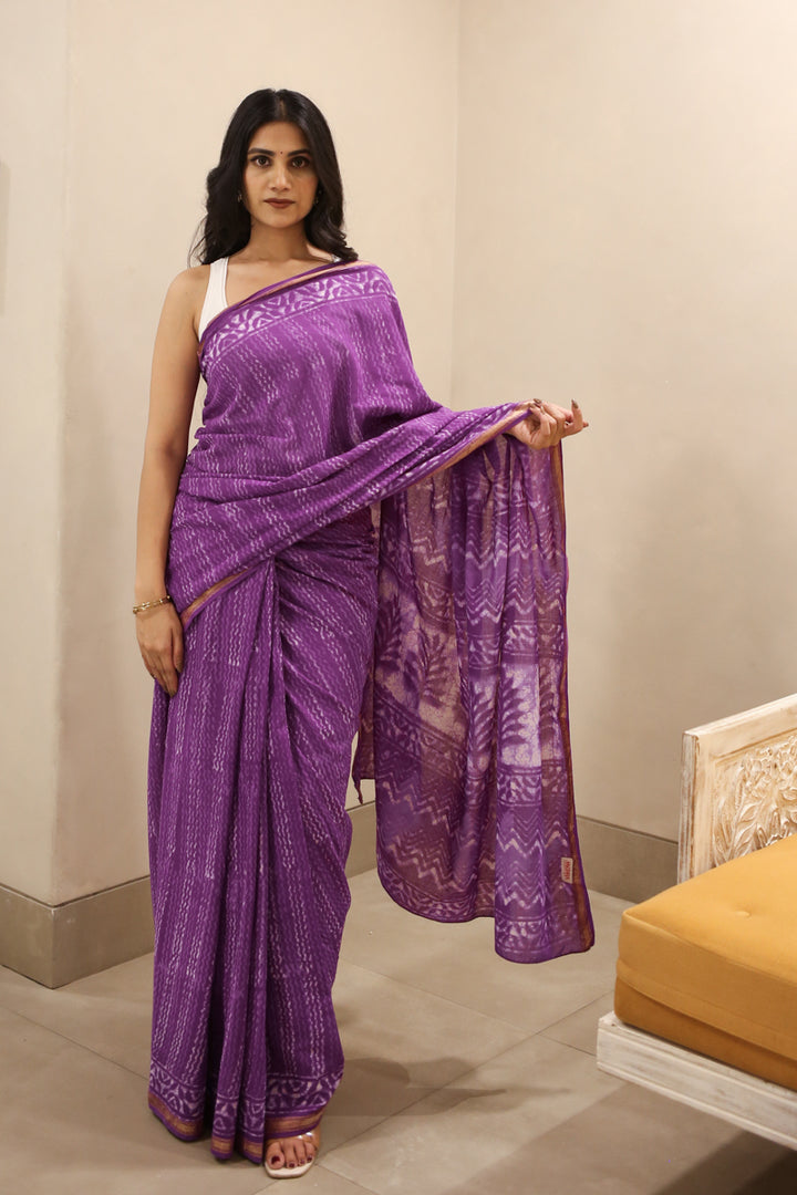 A Violet Summer Dabu Block Printed Cotton Zari Saree