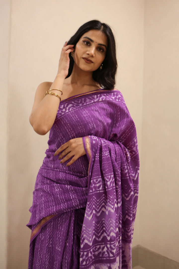 A Violet Summer Dabu Block Printed Cotton Zari Saree