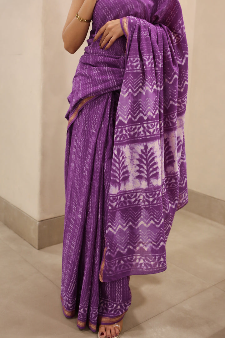 A Violet Summer Dabu Block Printed Cotton Zari Saree