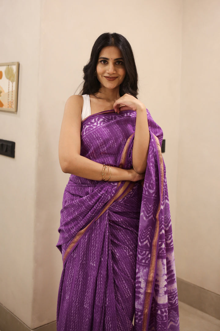 A Violet Summer Dabu Block Printed Cotton Zari Saree