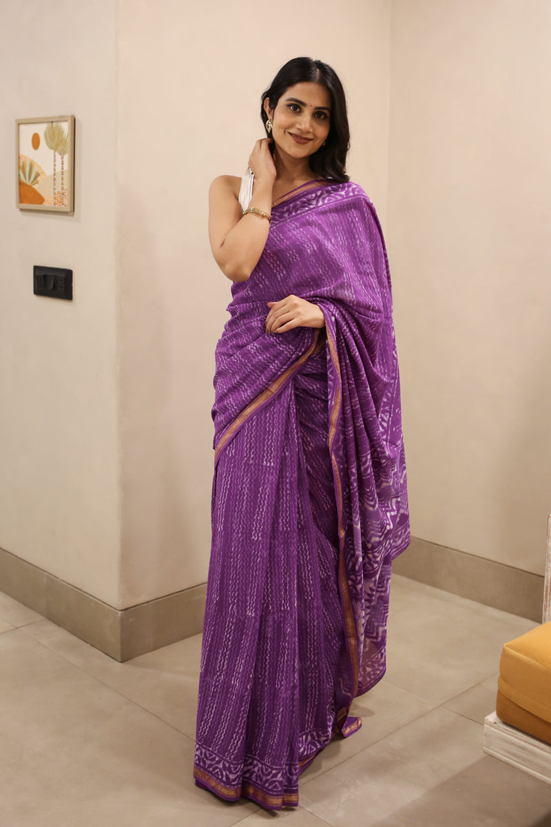 A Violet Summer Dabu Block Printed Cotton Zari Saree