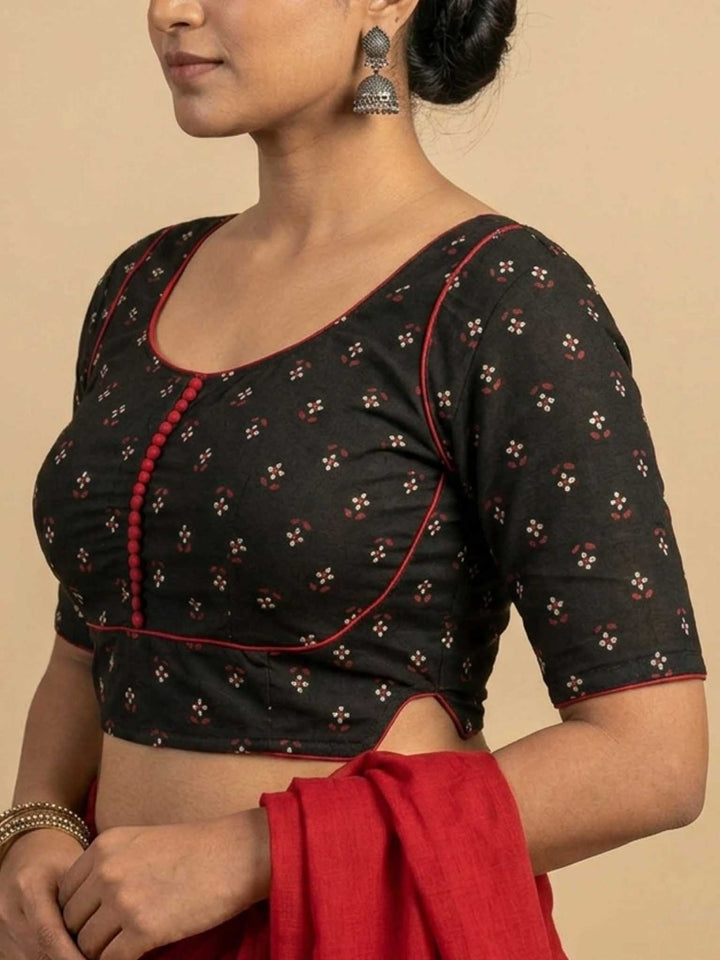 Rekha Cotton Blouse Black with contrast piping