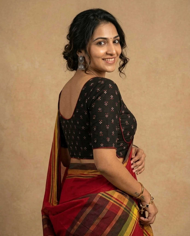 Rekha Cotton Blouse Black with contrast piping