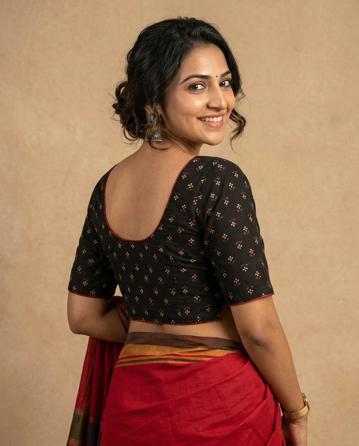Rekha Cotton Blouse Black with contrast piping