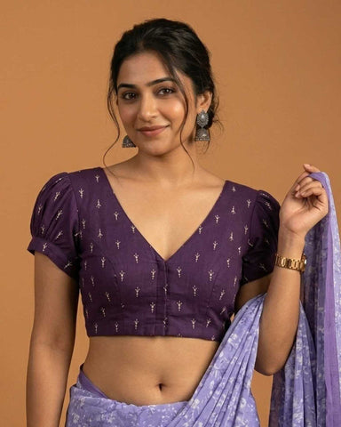 Subtle days V-neck Purple Blouse with Puff Sleeves