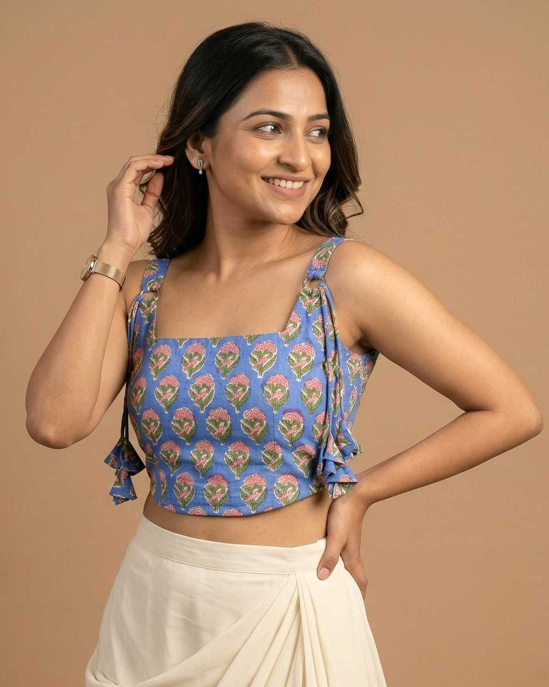 Happy Days Cotton Block Print Corset Blouse in Blue