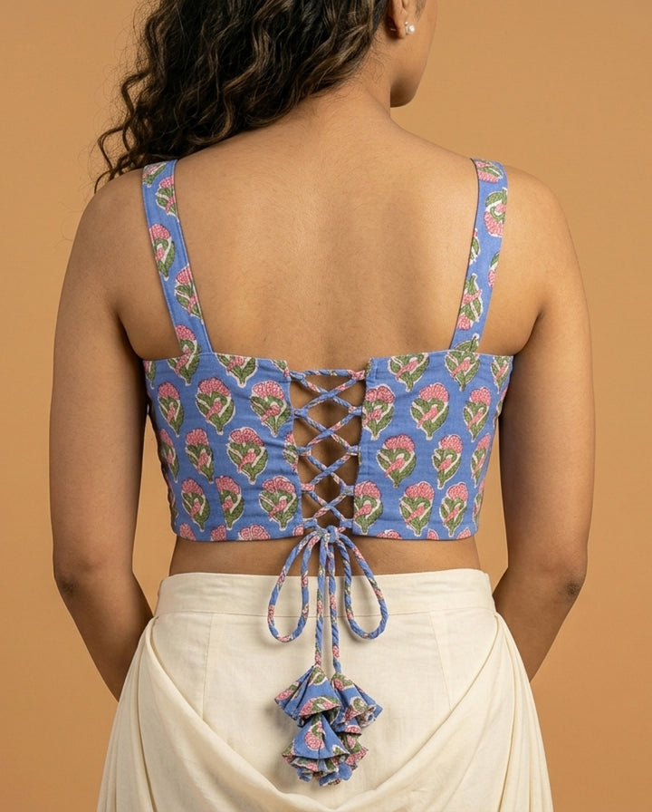 Happy Days Cotton Block Print Corset Blouse in Blue
