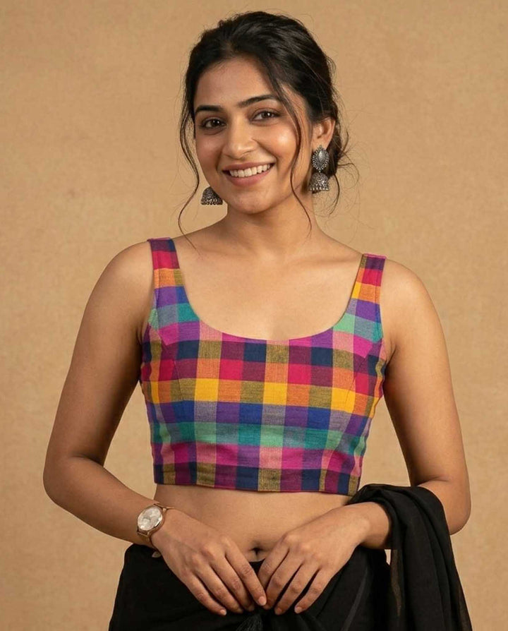 Madras Checks Sleeveless Readymade Blouse with U neck