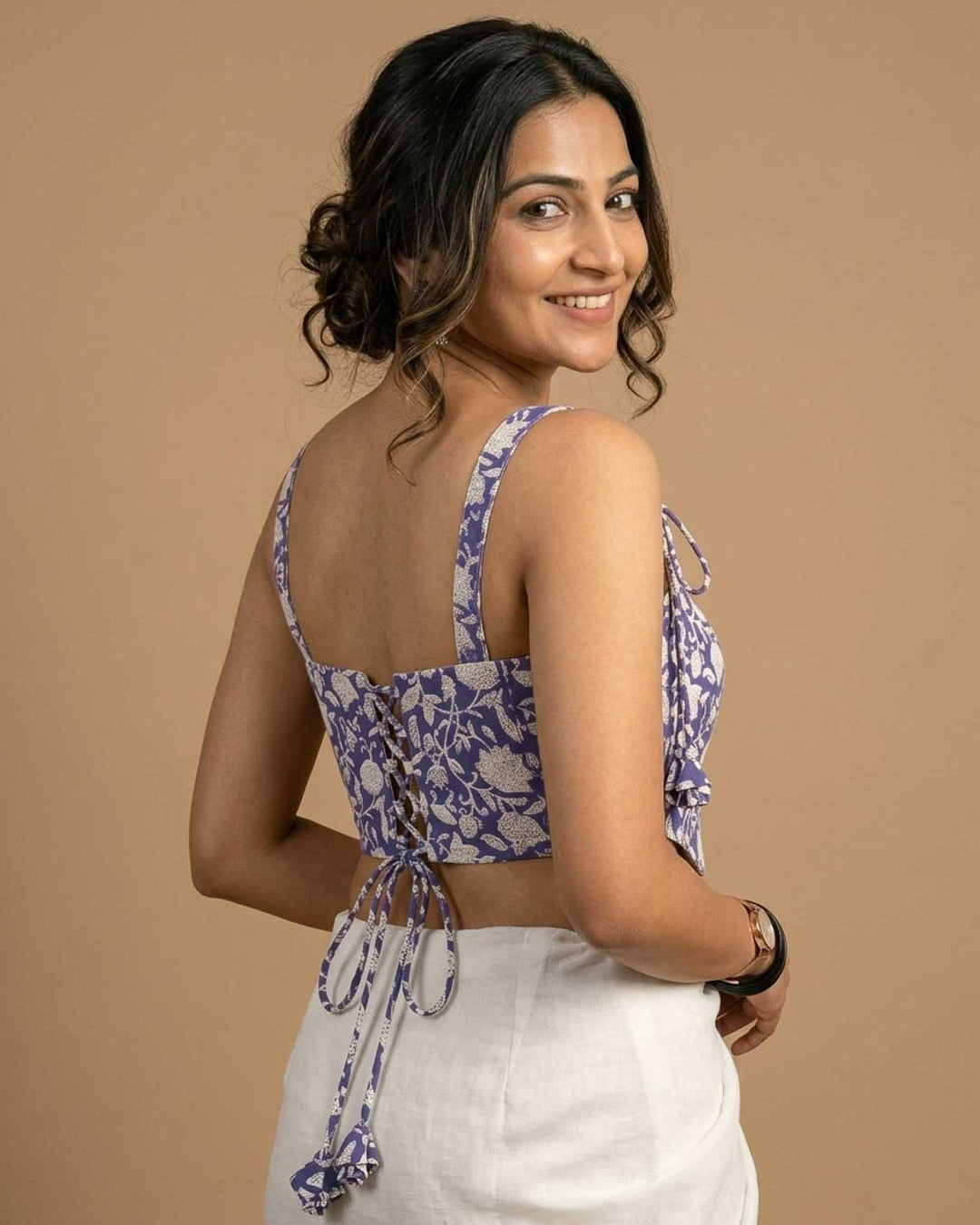 Happy Days Cotton Block Print Corset Blouse in Purple