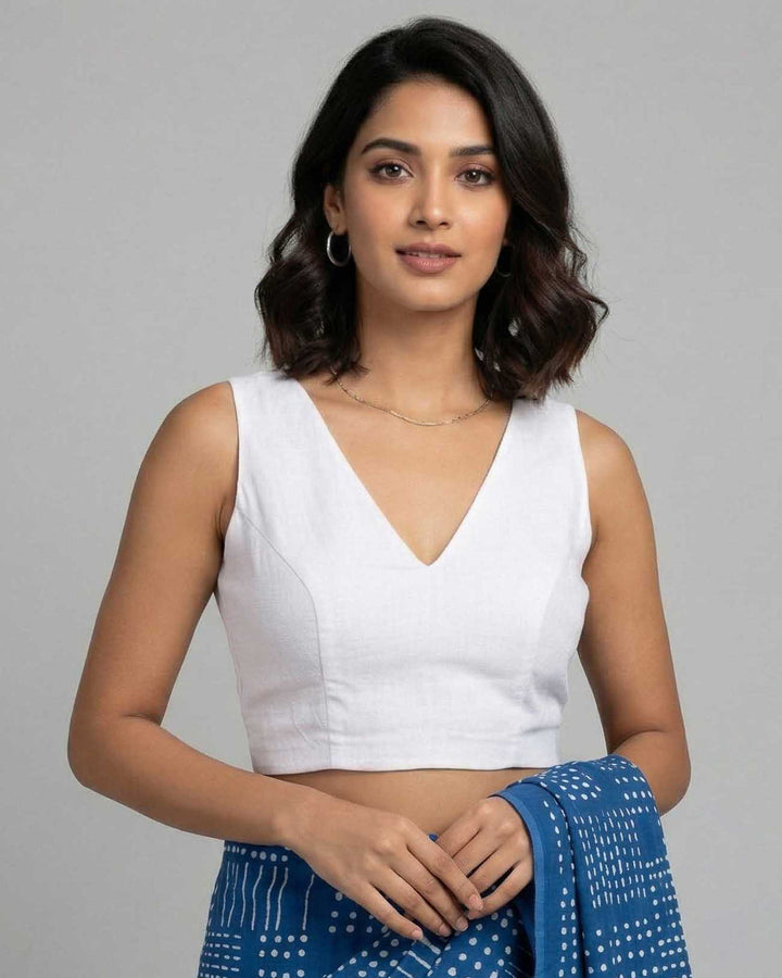 Mustard Cotton V neck Readymade Sleeveless Blouse