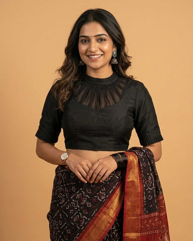 Black Highline Silk Blouse with Sheer yoke