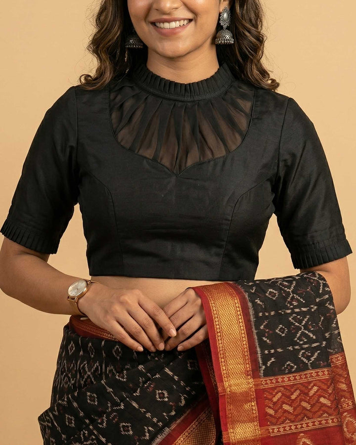 Black Highline Silk Blouse with Sheer yoke