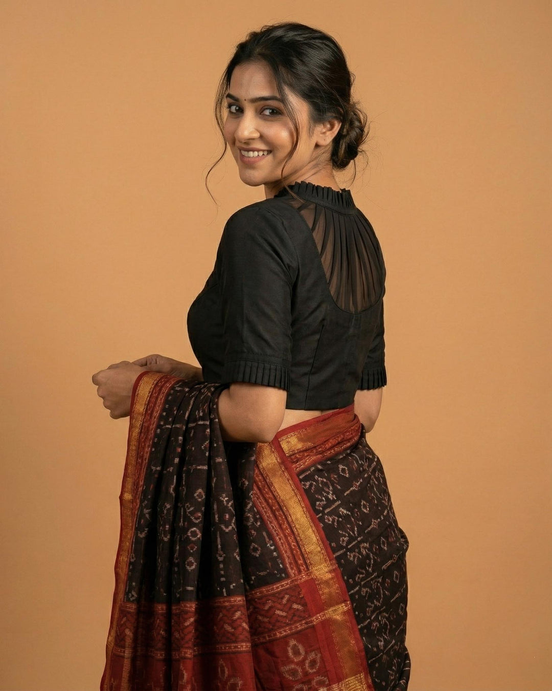 Black Highline Silk Blouse with Sheer yoke