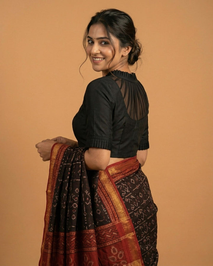 Black Highline Silk Blouse with Sheer yoke