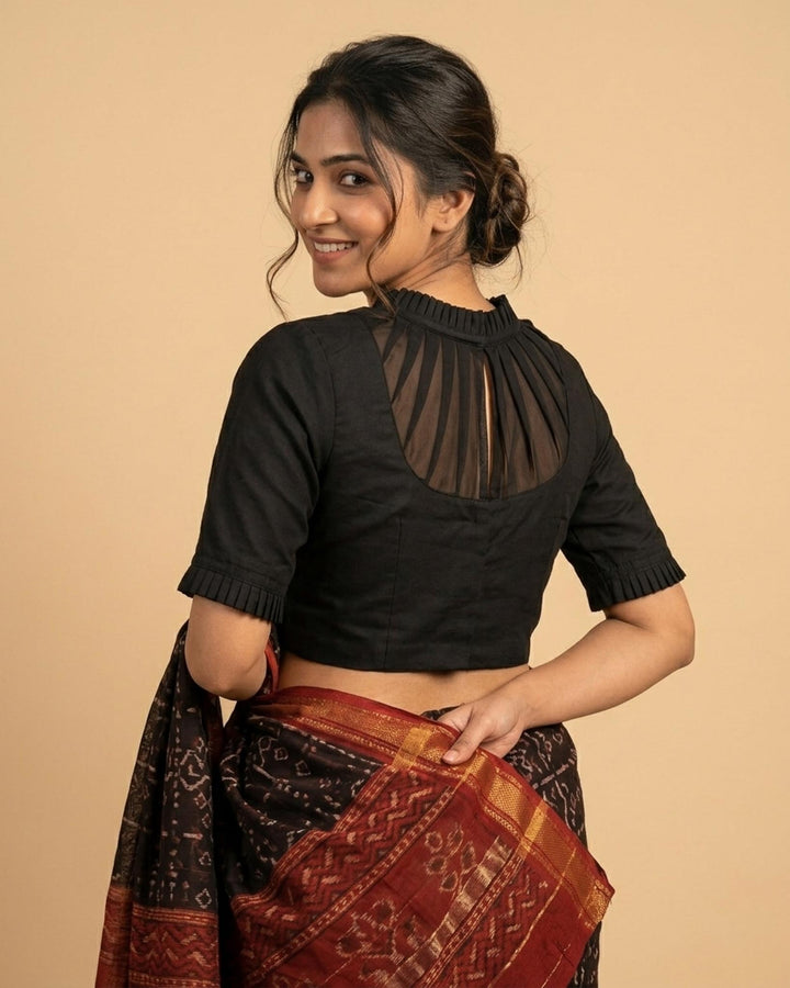 Black Highline Silk Blouse with Sheer yoke
