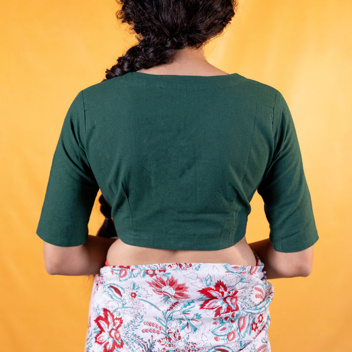 Dark Green Cotton V neck Readymade Blouse with Elbow Sleeves